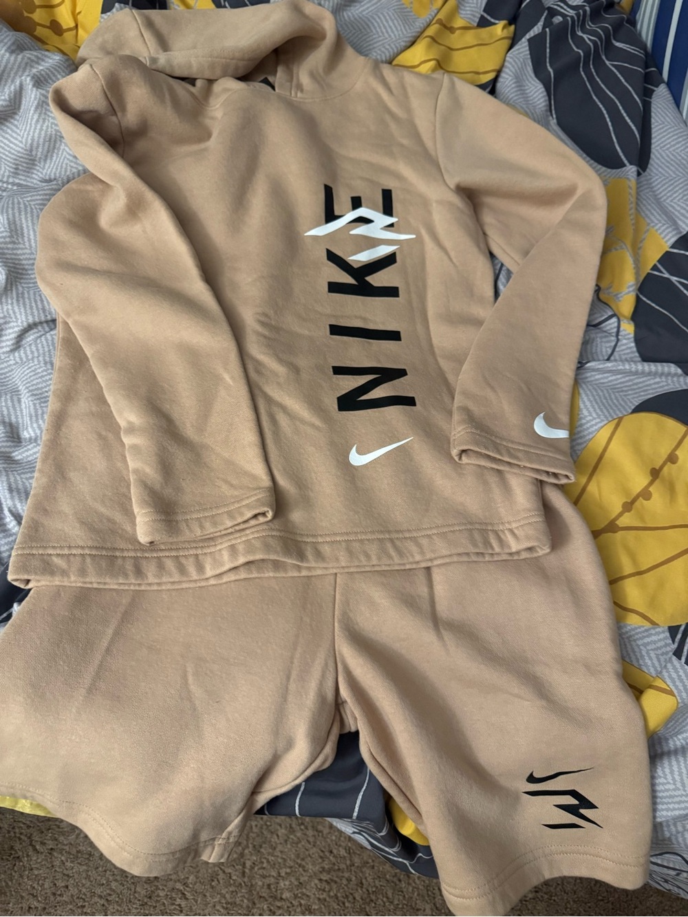 Nike Beige/Tan Hoodie and Shorts Set with White Swoosh